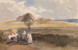 Landskapsskisse med figurer i forgrunnen av Peter DeWint
