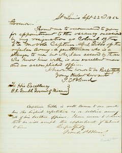 Brev signert P.E. Bland, St. Louis, til H.R. Gamble, guvernør i Missouri, 22. september 1862 av Peter E. Bland