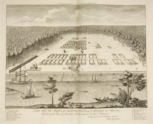A View of Savannah slik den sto den 29. mars 1734, gravert av P. Fourdrinier, London, ca. 1735 (gravering) av Peter Gordon