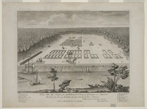 A View of Savannah slik den sto den 29. mars 1734, gravert av P. Fourdrinier, London, ca. 1735 (gravering) av Peter Gordon