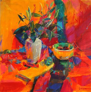 Liljer på en rød bakke, 2012 av Peter Graham (Contemporary)