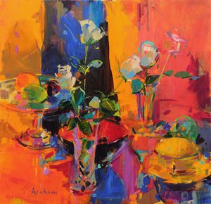 Stillebensbord med roser og frukt av Peter Graham (Contemporary)