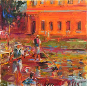 Ildvogner, Cambridge, 2021 (olje på lerret) av Peter Graham