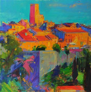 Saint-Paul de Vence, Golden Light, 2022 (olje på lerret) av Peter Graham