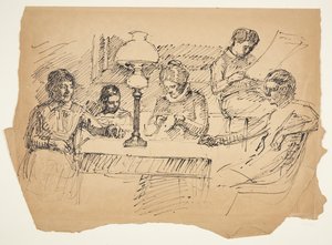 Kunstnerens familie sitter rundt et bord med en parafinlampe av Peter Hansen