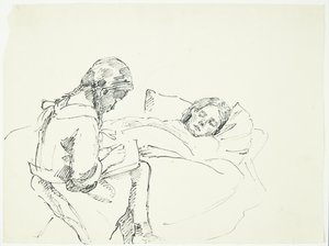 Liten jente leser høyt for en syk person (kunstnerens kone og datter) av Peter Hansen
