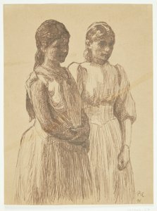 To unge jenter. Studie for maleriet "Ball i en provinsby" (Gøteborgs kunstmuseum) av Peter Hansen