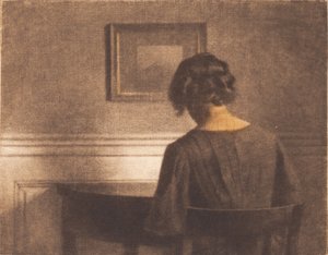 Ung jente ved et halvsirkelformet bord av Peter Vilhelm Ilsted