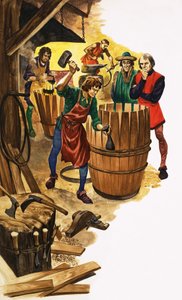 En lærling hos en bødker blir overvåket av en laugsfunksjonær mens han jobber på ringene til en tønne av Peter Jackson