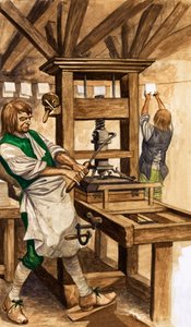 Caxtons presse (gouache på papir) av Peter Jackson