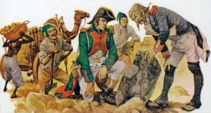 Oppdagelsen av Rosetta-steinen i Egypt (farge litho) av Peter Jackson
