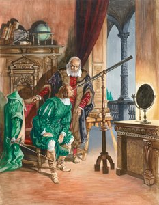 Galileo, nå blind, lar en venn se på stjernene gjennom teleskopet sitt fra balkongen til studiet hans i Pisa av Peter Jackson