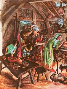 Inne i en bondes hjem (gouache på papir) av Peter Jackson