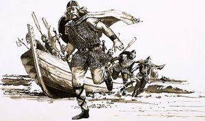 Kong Vortigern brakte to barbarhøvdinger - Hengest og Horsa - til Storbritannia (gouache på papir) av Peter Jackson