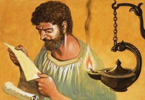 La det bli lys! Gresk mann leser ved lampe-lys av Peter Jackson