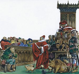 Middelalderdomstol der dyr ble stilt for retten (farge litho) av Peter Jackson