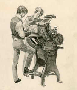 Wright-brødrene som gutter, malte avisen deres kalt The Midget. Originalt kunstverk for Treasure av Peter Jackson