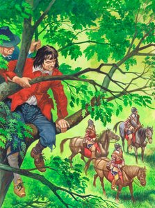 Den fremtidige kong Charles II gjemmer seg i Boscobel-eiken (gouache på papir) av Peter Jackson