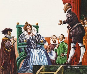 William Shakespeare presenterer et av skuespillene sine for dronning Elizabeth I