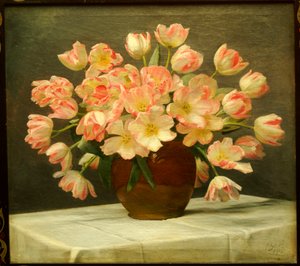 Tulipaner i en vase på et drapert bord av Peter Johan Schou