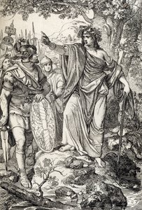 Kampanjer av Germanicus: "" Nero Claudius Drusus Germanicus (38-9 f.Kr.) og hans hær møter en ung kvinne i regionene mellom elvene Weser og Elbe, rundt 12 f.Kr." (Erobringen av Germania: romangeneral Nero Claudius Drusus Germanicus og hans h av Peter Johann Nepomuck Geiger