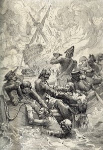 Egypt's Expedition: The Destruction of the Orient at the Battle of the Nile (Battle of Aboukir) i august 1798 (Slaget ved aboukir bay: the Destruction of L'Orient at the Battle of the Nile, august 1798) Fjærtegning fra "Historische Memorabilia av Peter Johann Nepomuck Geiger