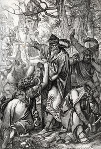 Keiser Karl den Store (ca. 742-814) i krig mot sakserne, 772 (keiser Karl den store (Karl den store) under saksernes kriger, 772) Fjærtegning fra «Historische Memorabilian des In-und Auslandes» (Historiske suvenirer) av Anton Ziegler av Peter Johann Nepomuck Geiger