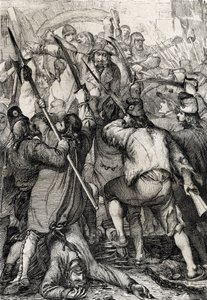 Den franske revolusjonen: Den væpnede og rasende befolkningen kommer inn via trekkbroen og myrder garnisonen og guvernøren under stormingen av Bastillen av Peter Johann Nepomuck Geiger