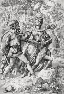 Dronning av England Margaret av Anjou (1430-1482) og hennes sønn Edward reddet av en røver under flukten etter yorkistenes triumf av Peter Johann Nepomuck Geiger