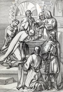Representasjon av Saint Augustine av Canterbury (død 604), sendt til England av pave Gregoire den store i 596 for å omvende angelsakserne - Han er her før Ethelbert, angelsaksisk konge av Kent (552? -616) som han døpte i 597 (Augustine, første biskop o av Peter Johann Nepomuck Geiger