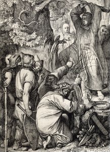 Representasjon av Saint Boniface of Mainz (680-754) som hogger ned Thors eik for å overbevise druidene om at det ikke er et hellig tre (Saint Boniface (Bonifacius) som ødelegger Thors eik (Donar eller Joves eik) hellige tre til de germanske hedningene, å k