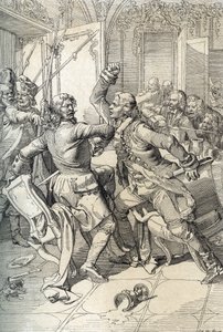 Streltsy-opprør: arrestasjon av medlemmer av streltsy-regimenter (strelets) etter at de ble løftet i 1698 mot progressive innovasjoner av tsaren Peter den store, Russland (Streltsy-opprøret: mistenkte medlemmer av Moskva Streltsy-regimenter arrestert etter av Peter Johann Nepomuck Geiger