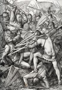 Slaget ved Sempach utkjempet 9. juli 1386, mellom Leopold III, hertugen av Østerrike og det gamle sveitsiske konføderasjonen, og tegnet en penn tegnet fra "Historische Memorabilian des In-und Auslandes" (historiske minner) av Anton Ziegler av Peter Johann Nepomuck Geiger