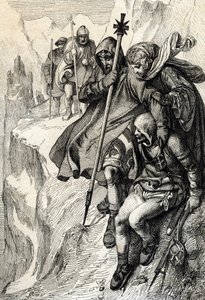 Romernes konge Henrik IV passerer passet av Mount Cenis for å krysse Alpene og dra til grevinnen Mathilde av Toscana til Canossa hvor pave Gregoire VII, januar 1077» (Henry IV krysset Alpene ved Mont Cenis-passet for å nå slottet Canossa og av Peter Johann Nepomuck Geiger
