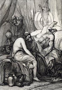 Dødsfallet til kongen av hunene Attila (395-453) under hans søvn på bryllupsnatten med germaine Ildico, 453 (Death of Attila, hersker over hunene på bryllupsnatten hans, hennes brud Ildico gråter over kroppen hans, 453 ) Fjærtegning hentet fra «Historis