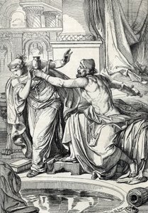 Den gepide prinsessen Rosemonde (død 572) og kjæresten morderen av ektemannen kong Alboin forgiftet seg selv med den samme koppen gift, 572 (Gepid prinsesse Rosamund (eller Rosamunde) og kjæresten hennes dreper seg selv med den samme koppen gift, 572) Tegn av Peter Johann Nepomuck Geiger