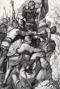 Troppene til Othon I av Baviere (1117-1183) nær Verona i Italia 1155 (Otto I, hertugen av Bayern og hans hær nær Verona, Italia 1155) Fjærtegning fra "Historische Memorabilian des In-und Auslandes"" (Historiske suvenirer) av Anton Ziegler av Peter Johann Nepomuck Geiger