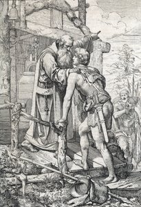 Den unge Odoacre (ca. 433-493) mottar velsignelsen av Severin, Apotre de Norique, ca. 470 (Odoacer møter munken Severinus av Noricum som får vite at han en dag ville bli berømt, 470 ca.) Tegner en penn tegnet fra "" Historische Memorabilian des av Peter Johann Nepomuck Geiger
