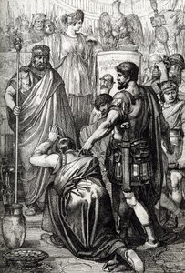 Vandalkrig: "" Overgivelsen av vandalenes konge Gelimer kneler foran den bysantinske general Belisaire (500-565) i mars 534, Kartago, Afrika" (Vandalerkrig: vandalskongen Gelimer overgir seg til general Belisarius, 534, Afrika) Tegning en pe av Peter Johann Nepomuck Geiger