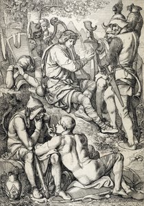 Krig mot vikingene: "" Kongen av Wessex Alfred I den store (846-899) forkledd som en harpist går inn i Guthrum-leiren for å avbryte kampplanene hans, Somerset 878 (kong Alfred den store, forkledd som musiker, og ser på situasjonen til fienden i D av Peter Johann Nepomuck Geiger