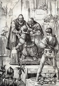 Nittiårskrigen (eller Nederlandenes opprør) (1568-1648): dekollasjonen av Lamoral, grev av Egmont, prins av Gavre (1522-1568), nederlandsk politiker - Han ble fordømt innenfor rammen av Problemets råd ( eller Blood Council) opprettet av av Peter Johann Nepomuck Geiger