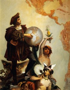 Christopher Columbus (1451-1506), detalj fra Allegori om Charles V av Habsburg (1500-1558) som verdens hersker, maleri av Peter Johann Nepomuk Geiger (1805-1880), Throne Room, Miramare castle, Trieste, Friuli-Venezia Giulia, Italia