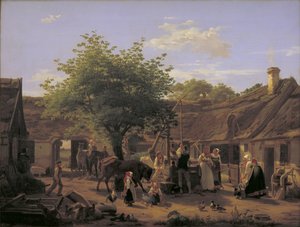 Bilde av livet på en sjællandsk gård ved middagstid av Peter Julius Larsen