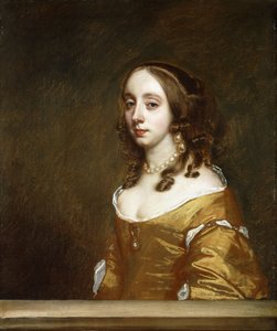 Portrett av en dame fra Popham-familien, halvlang, bak en kasse, iført en oransje kjole, av Peter Lely