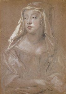 Portrait of a Young Lady, tradisjonelt identifisert som Sarah Jennings, hertuginne av Marlborough, halv lengde, Holder en bok, hendene i kors på fanget, hodekjolen drapert på skuldrene, 1667 av Peter Lely