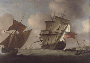 En tredjerangs slutter seg til skvadronen hennes utenfor Elizabeth Castle, Jersey av Peter Monamy