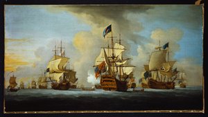 Den engelske flåten for anker med admiralens skip som signaliserer til vise- og kontreadmiralene til de hvite og blå skvadronene av Peter Monamy