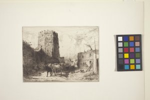 San Miguel-kirken og Pueblo-huset ved Santa Fe (radering)