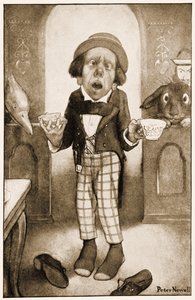 Jeg er en fattig mann, Deres Majestet, Hattemakeren begynte, med skjelvende stemme, illustrasjon for Lewis Carrolls Alices Adventures in Wonderland, 1901 av Peter Newell