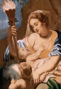 flamsk billedvev. Serien Nattverdens triumf. Allegory of Charity som opplyser verden (Alegoría de la Caridad iluminando al mundoà. Tjuende billedvev i serien. Modell Peter Paul Rubens. 1626-1628. Produksjon Jan II Raes, Brussel av Peter Paul (after) Rubens